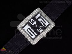 Infinity SS Black Dial White Numeral Markers Diamond Bezel on Black Leather Strap