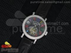 Color Dreams Tourbillon SS Diamonds Bezel Arabic Numerals Markers Black Dial on Black Croco Leather Strap