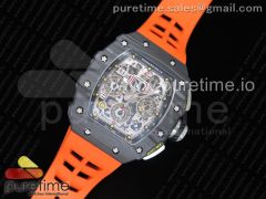 RM011 Carbon Case Chrono KVF 1:1 Best Edition Crystal Skeleton Yellow Dial on Orange Racing Rubber Strap A7750