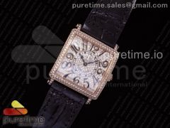 Master Square RG Ladies GF 1:1 Best Edition Full Paved Diamonds on Brown Leather Strap Swiss Quartz