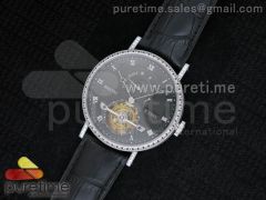 Jubilee Tourbillon 5 Days SS Black Textured Dial Diamonds Bezel on Black Leather Strap