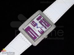 Infinity SS White Dial Diamond Bezel Purple Numeral Markers on White Leather Strap