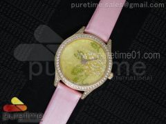 L.U.C Urushi Ladies RG Full Paved Diamonds Case YG Dial on Pink Fabric Strap Micro-Rotor Movement