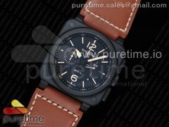 BR 03-94 Chrono PVD Black Dial Yellow Markers on Brown Leather Strap A7750 (Free Nylon Strap)