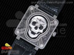 Bell & Ross BR01 Burning Skull ‘Tattoo’ Watch Silver Dial on Black Leather Strap MIYOTA 9015