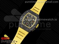 RM011 NTPT Carbon Chrono KVF 1:1 Best Edition Crystal Skeleton Dial Yellow Inner Bezel on Yellow Rubber Strap A7750