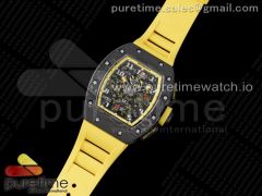 RM011 NTPT Carbon Chrono KVF 1:1 Best Edition Crystal Skeleton Dial Yellow Inner Bezel on Yellow Rubber Strap A7750