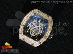 RM 19-01 Tourbillon RG Full Paved Diamonds Case Skeleton Spider Dial on Black Rubber Strap 6T51