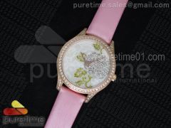 L.U.C Urushi Ladies RG Full Paved Diamonds Case Silver Dial on Pink Fabric Strap Micro-Rotor Movement