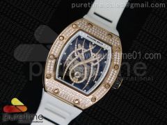 RM 19-01 Tourbillon RG Full Paved Diamonds Case Skeleton Spider Dial on White Rubber Strap 6T51