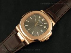 Nautilus 42mm Leather Strap Brown Dial Rose Gold