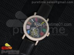 Color Dreams Tourbillon RG Diamonds Bezel Roman Numerals Markers Black Dial on Black Croco Leather Strap