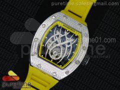 RM 19-01 Tourbillon SS Full Paved Diamonds Case Skeleton Spider Dial on Yellow Rubber Strap 6T51