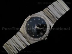 Constellation Mens SS Quartz Black Dial CZ Diamond Bezel