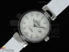 De Ville Ladymatic 1:1 SS White Diamond Dial on White Leather Strap ETA2671