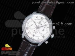 De Ville Chronograph 42mm SS OMF 1:1 Best Edition White Dial on Brown Leather Strap A9300 (Black Balance Wheel)