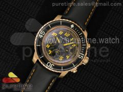 Fifty Fathoms Chrono RG Black Dial Yellow Arabic Numerals Marker on Black Leather Strap A7750