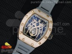 RM 19-01 Tourbillon RG Full Paved Diamonds Case Skeleton Spider Dial on Gray Rubber Strap 6T51