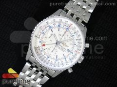 Navitimer World SS GMT White Dial on SS Bracelet A7750