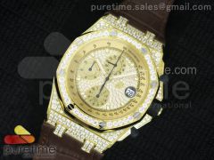 Royal Oak Offshore YG Full Paved Diamonds JF Best Edition on Brown Leather Strap A7750