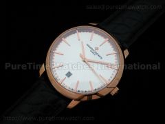 Patrimony Contemporaine Date Rose Gold Silver Dial on Genuine Black Croco Strap