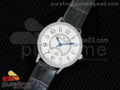 Rendez-Vous Night & Day SS White Textured Dial Diamonds Bezel on Black Leather Strap A898