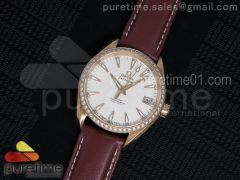 Aqua Terra 38.5mm RG White Textured Dial Diamonds Bezel on Brown Leather Strap A8501