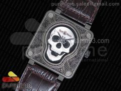 Bell & Ross BR01 Burning Skull ‘Tattoo’ Watch Silver Dial on Brown Leather Strap MIYOTA 9015