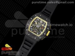 RM011 NTPT Carbon Chrono KVF 1:1 Best Edition Crystal Skeleton Dial Yellow Inner Bezel on Black Rubber Strap A7750