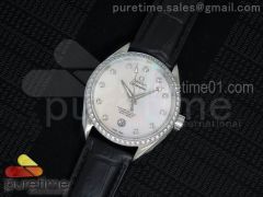 Aqua Terra 38.5mm SS White MOP Dial Diamonds Bezel on Black Leather Strap A8500