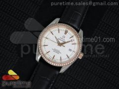 Seamaster Co-axial Chronometer 150m SS White Dial Diamonds Bezel on Black Leather Strap ETA2824