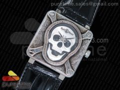 Bell & Ross BR01 Silver Case Burning Skull ‘Tattoo’ Watch Silver Dial on Black Leather Strap MIYOTA 9015