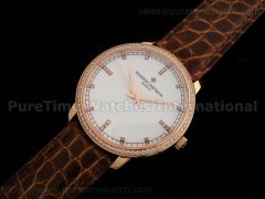 Patrimony Contemporaine Date Rose Gold White Dial Diamond Bezel on Genuine Brown Croco Strap