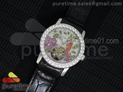 I Giardini Di Bulgari Tourbillon Full Paved Diamonds SS Diamonds Dial on Black Leather Strap