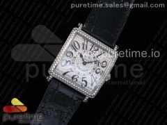 Master Square SS Ladies GF 1:1 Best Edition Full Paved Diamonds on Black Leather Strap Swiss Quartz