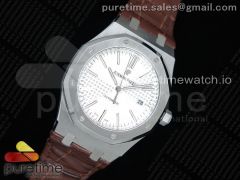 Royal Oak 41mm 15400 SS OMF 1:1 Best Edition White Textured Dial on Brown Leather Strap A3120