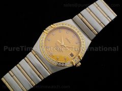 Constellation Mens 14K TT Auto Gold Dial Diamon Bezel ETA-2824