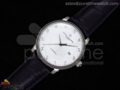 Geneve 42mm SS White Dial Diamond Markers on Black Leather Strap A2824