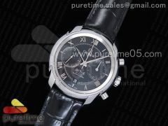 De Ville Chronograph 42mm SS OMF 1:1 Best Edition Black Dial on Black Leather Strap A9300 (Black Balance Wheel)