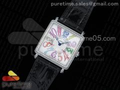 Master Square SS Ladies GF 1:1 Best Edition White Color Markers Dial Diamonds Bezel on Black Leather Strap Swiss Quartz