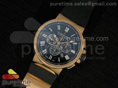 Marine Chrono 44mm RG Black Dial Roman Markers on Black Rubber Strap A7750