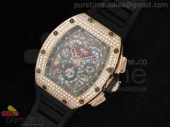 RM011 Le Mans Classic 2012 RG Black Skeleton Dial Full Pave Diamonds Bezel on Black Rubber Strap A7750