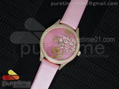 L.U.C Urushi Ladies RG Full Paved Diamonds Case Pink Dial on Pink Fabric Strap Micro-Rotor Movement