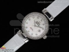 De Ville Ladymatic 1:1 SS White Diamond Dial Diamond Bezel on White Leather Strap ETA2671